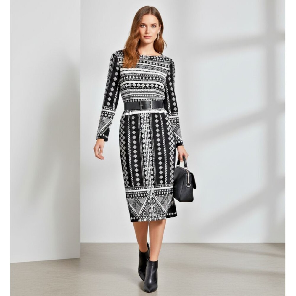 Beige by eci Black White Geometric Print 3/4 Sleeves Jersey Shift Dress Size 8